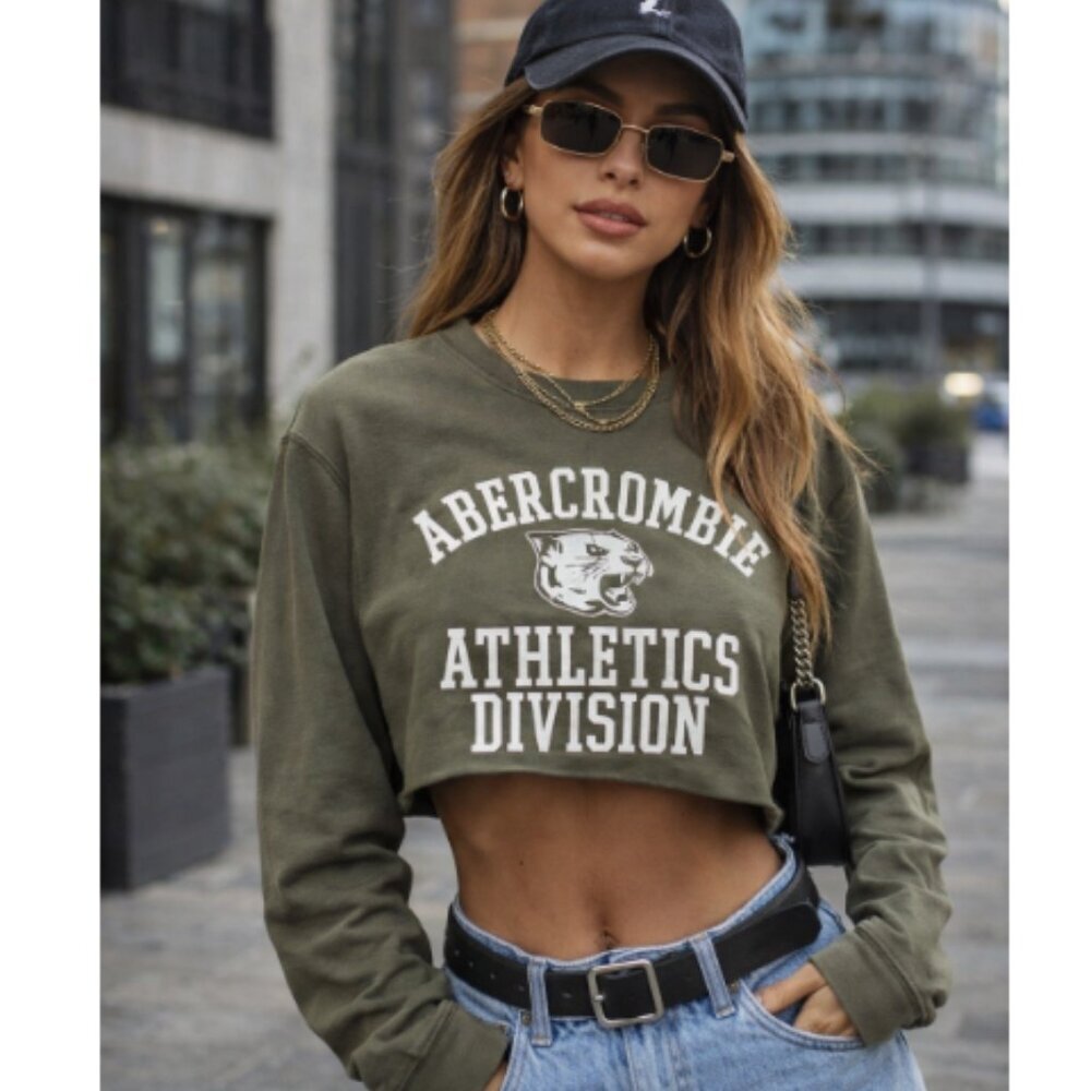 ABERCROMBIE & FITCH Long Sleeve Cutoff Cropped T-Shirt Green White Size large